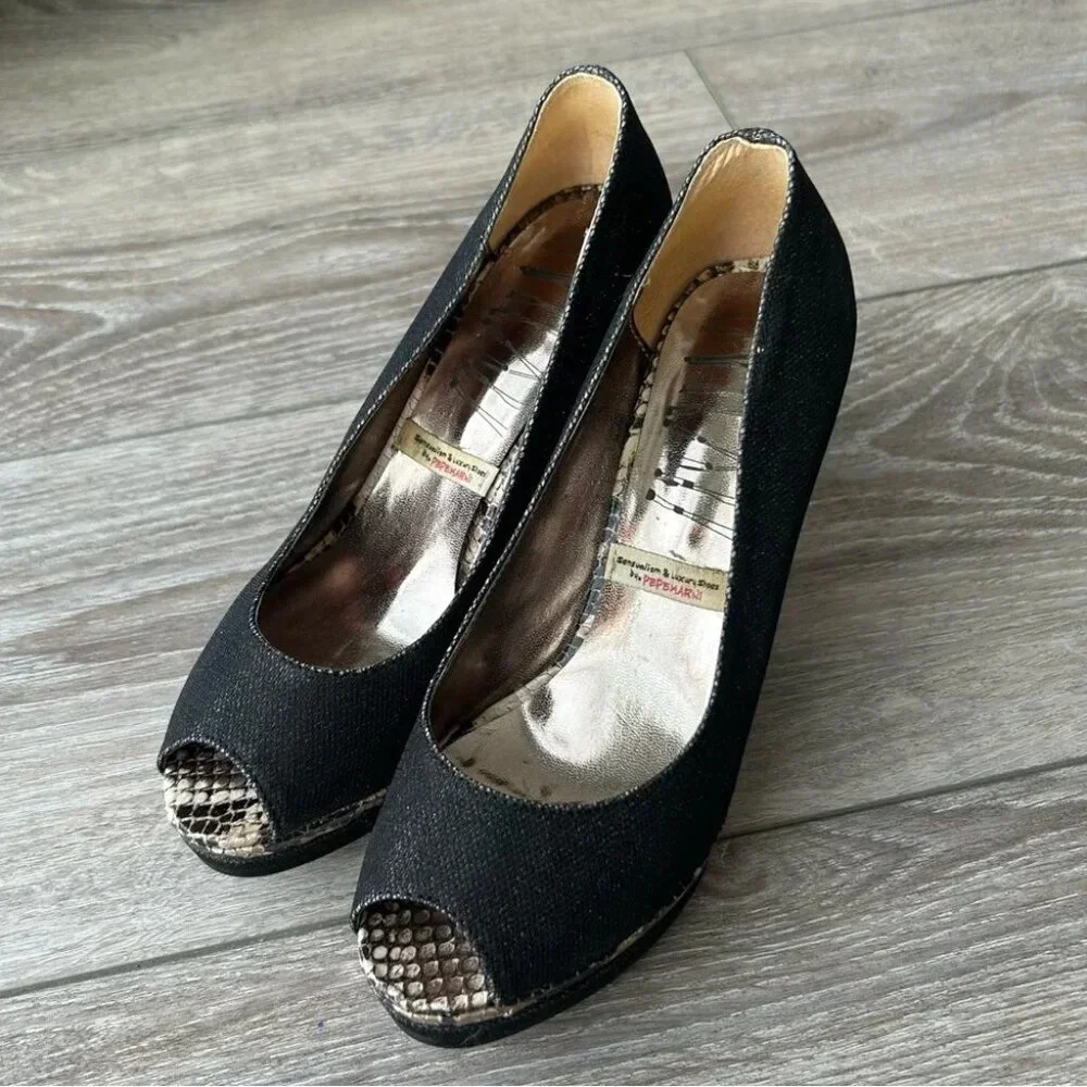 Pepe Marni Snakeskin Fabric Mixed Peep Toe Platform Pumps